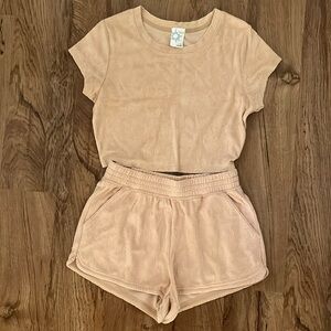 NWOT Aerie Set Smiley Face Terry Cloth Matching Shorts and Crew Top